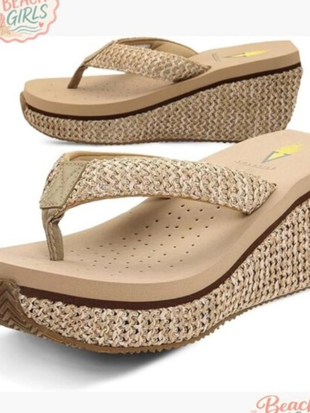 Volatile Island Platform Wedge Flip Flops Cream Tan Woven Rafia Size 8